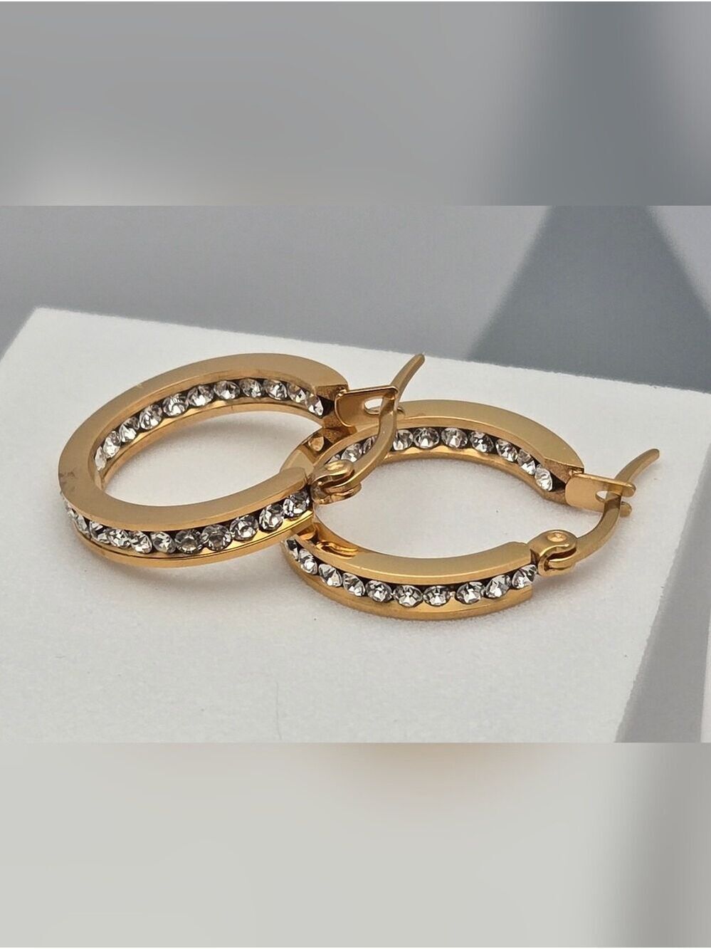 Steeltime 18K Gold Plated Stainless Steel Crystal Hoop Earrings New - Picture 7 of 15